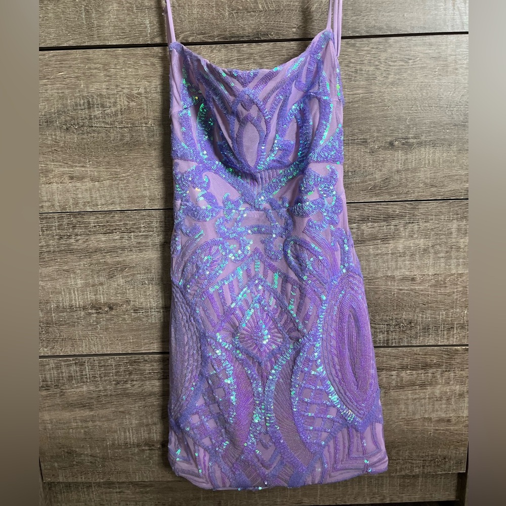 VELVI Purple Sequin Bodycon Spaghetti Strap Mini Dress